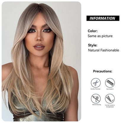ALAN EATON Long Blonde Wigs for Women Synthetic Hair Wig with Fringe Ombre Color with Dark Roots Layered Wigs Heat Resistant