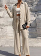 Fashion Solid Set For Women Casual Long Sleeve Turn-down Collar Shirt Tops+High Waist Wide Leg Pants 2 Pieces Sets Lady Clothes
