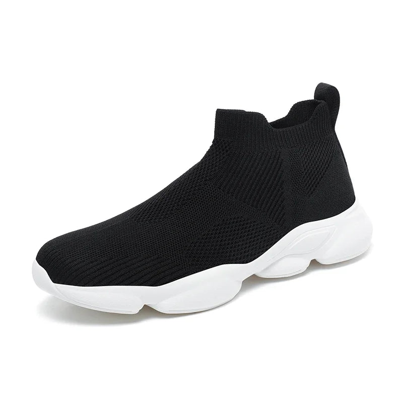 Black knit slip-on shoe with a thick white platform sole, breathable for daily casual wear.