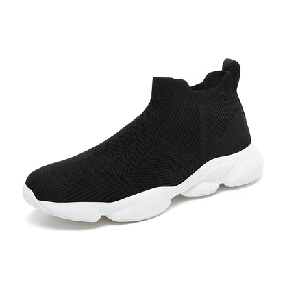 Black knit slip-on shoe with a thick white platform sole, breathable for daily casual wear.