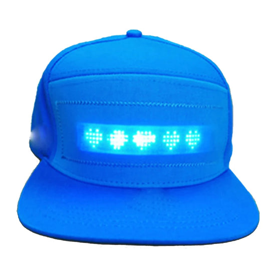 Programmable LED cap with custom text display and glowing heart pixel designs on the front