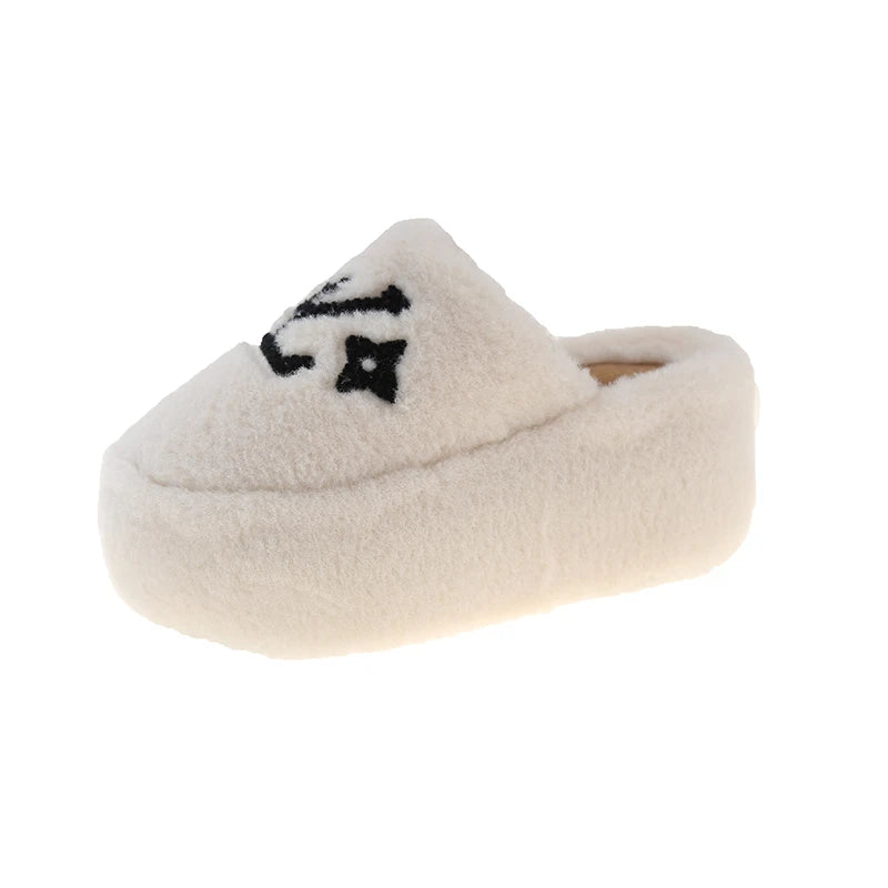 Warm Slippers for Women Indoor Non Slip Plush Traction Rubber Sole With Wedge Heel