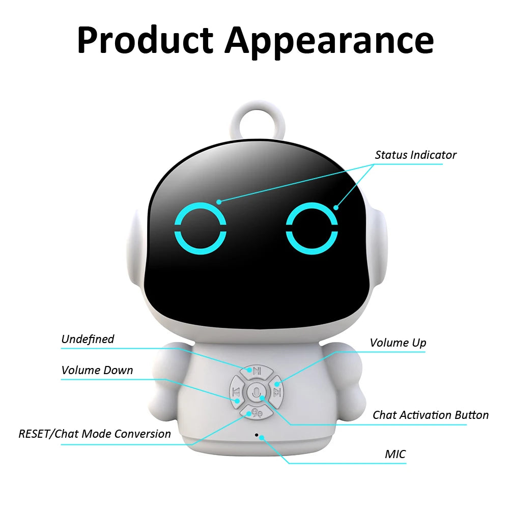 White plastic educational robot toy with a digital screen, interactive buttons, and voice control for children.