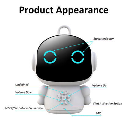 White plastic educational robot toy with a digital screen, interactive buttons, and voice control for children.