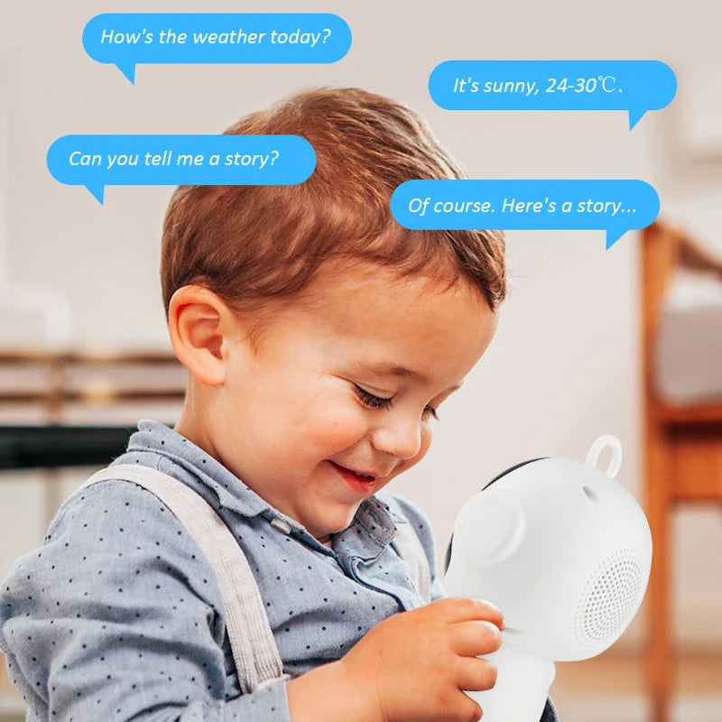 Child holding a white plastic education robot with voice interaction for interactive learning and storytelling.
