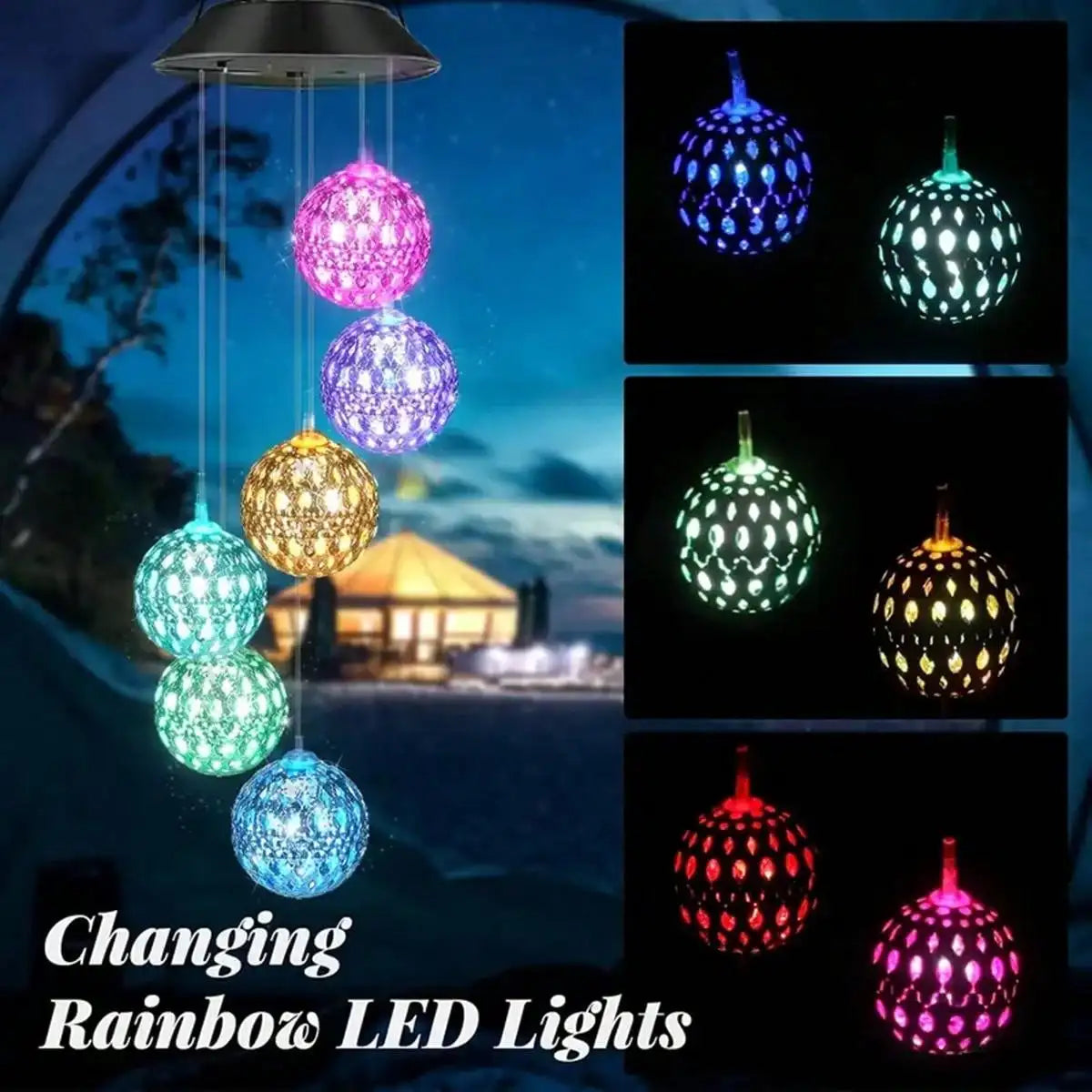 Home decor solar wind chimes with hanging LED lit spheres for outdoor garden and patio spaces