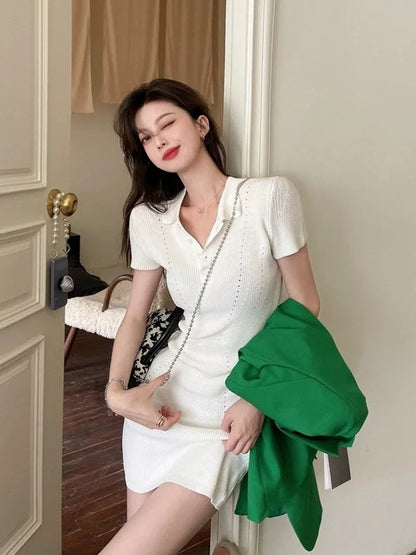 Breathable Polo Neck Knit Dress with Hollow Out Panels for Beachwear