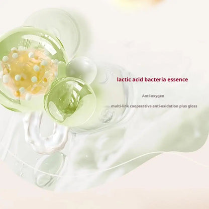 SPF50+ Rice Extract Moisturizing Cream with green and yellow translucent spheres, cream textures, and text.