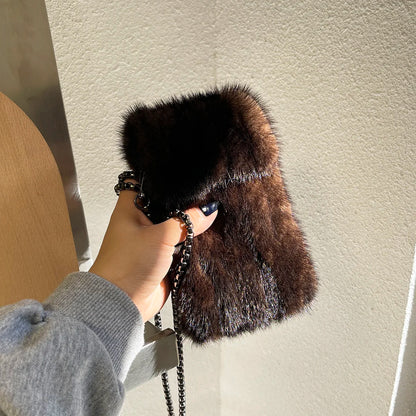 Real Mink Fur Bag Crossbody Bags For Women Phone Bag Lady Shoulder Bags Real Fur Bag Female Messenger Bag Winter Handbag Ladies