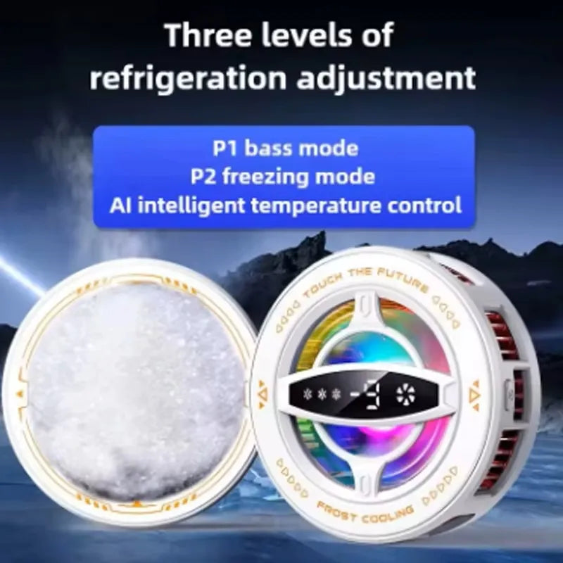 White round magnetic phone cooling fan with LED lights for gaming, featuring a digital temperature display.