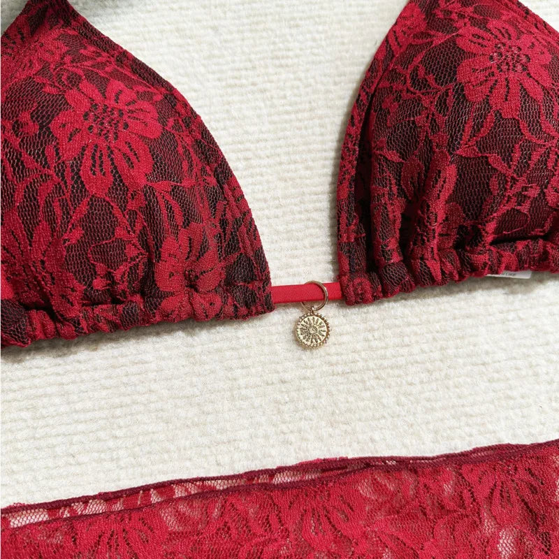 Women's Lace Detail Bikini Set with Removable Padding and Low-Rise Bottoms