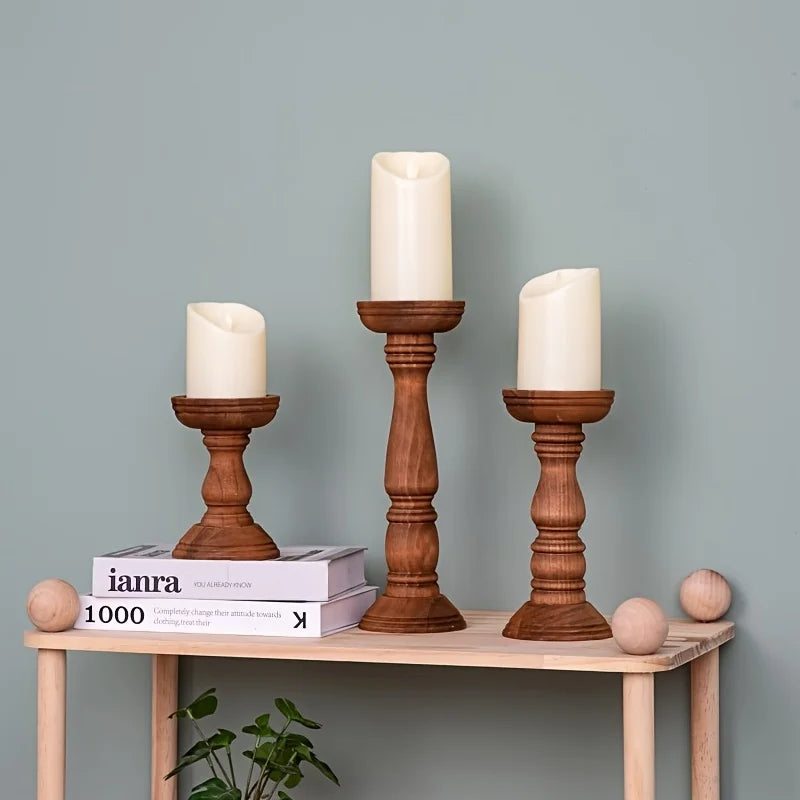 Wooden pillar candle holders trio for table centerpiece, turned wood design