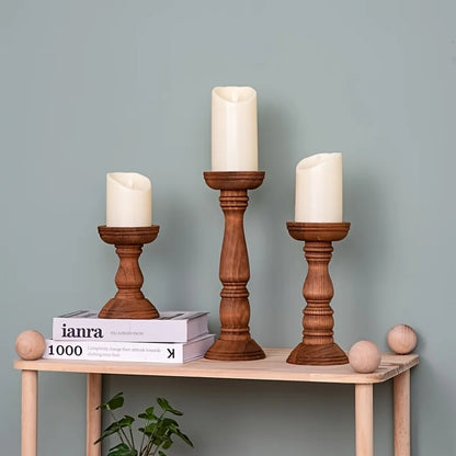 Wooden pillar candle holders trio for table centerpiece, turned wood design