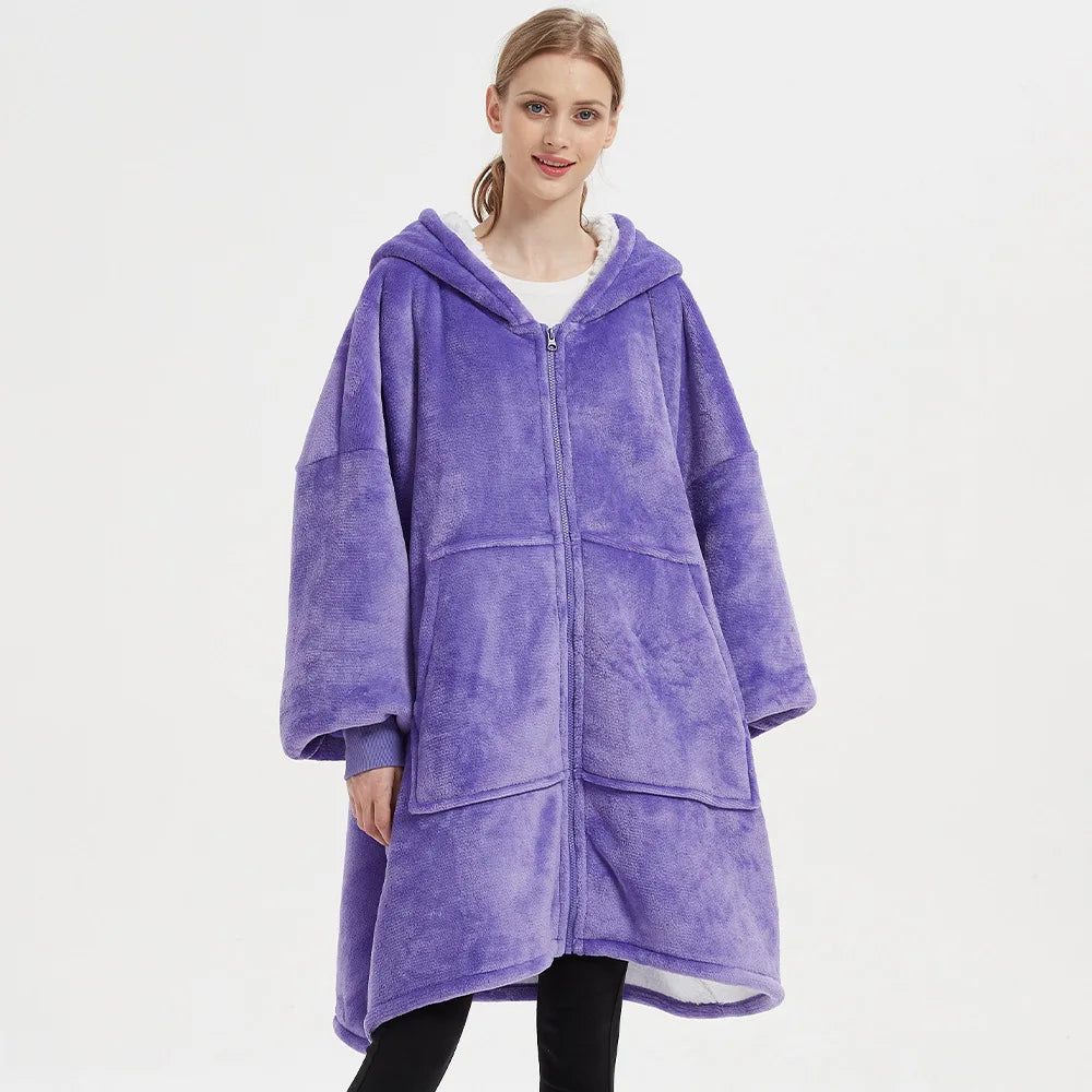 Unisex Ultra Thick Lamb Velvet Pajamas With Hooded Blanket And Zipper For Winter Sleepwear