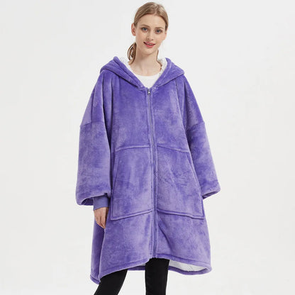 Unisex Ultra Thick Lamb Velvet Pajamas With Hooded Blanket And Zipper For Winter Sleepwear