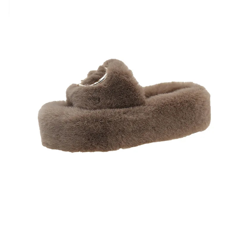 Women's Faux Fur Diamond Metal Buckle Thick-Soled Slippers — Plush Indoor Home Slippers