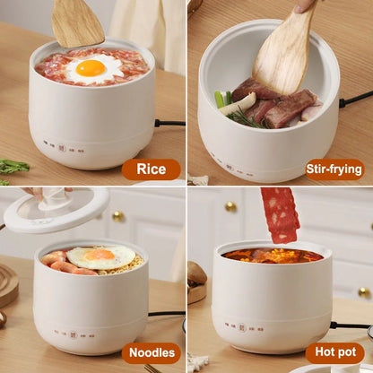 Compact white electric multi-cooker with non-stick interior, shown preparing rice, meat, noodles, and hot pot.