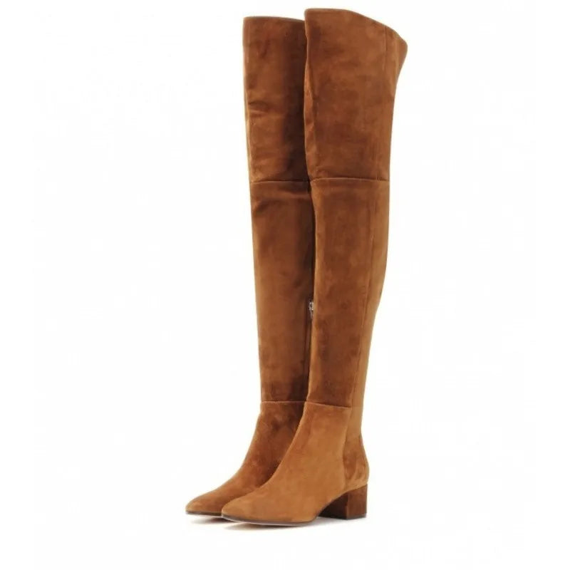 Women's stretch over-the-knee boots with block heel and side zip