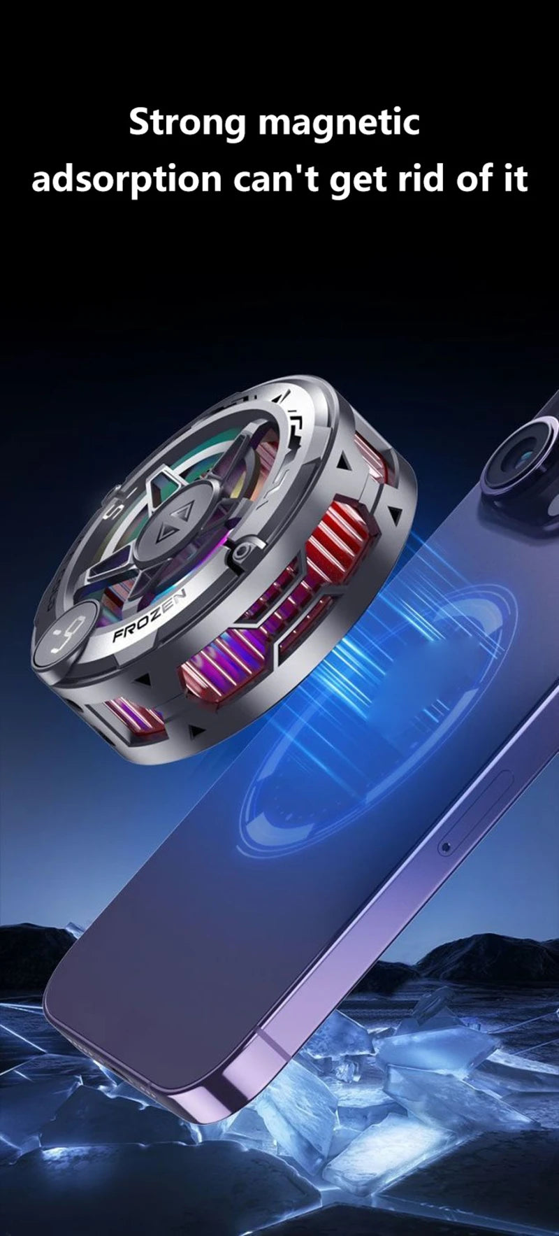 Silver magnetic phone cooler with red LED lights and digital display for cooling mobile devices during gaming.