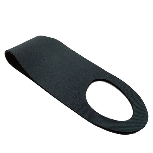 Black sleep mask featuring a folded strap and circular ear opening on a white background