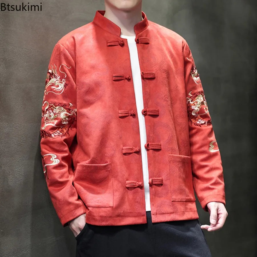Red woven tang suit jacket featuring dragon embroidery and a fitted stand collar for traditional events.