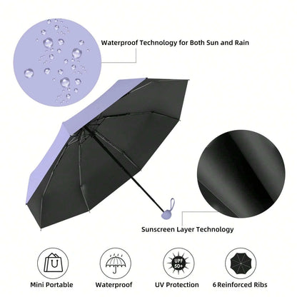 Anti-Uv Mini Umbrella For Sunny And Rainy Days, Portable With Uv Coating And 6 Reinforced Ribs