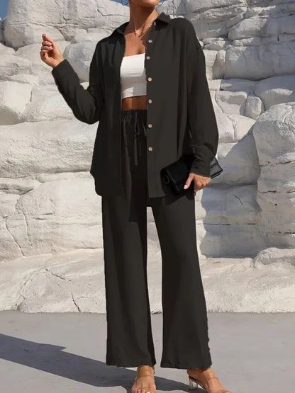 Fashion Solid Set For Women Casual Long Sleeve Turn-down Collar Shirt Tops+High Waist Wide Leg Pants 2 Pieces Sets Lady Clothes