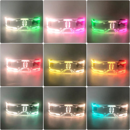 Gifts and novelty LED festival glasses featuring illuminated crystal bead accents and glowing circuit patterns.