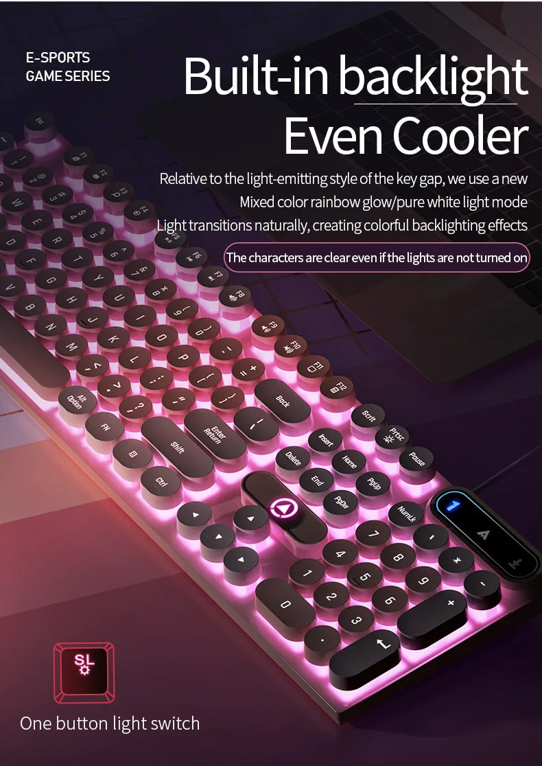 Mechanical typewriter keyboard with round retro LED backlit keys