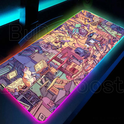 Large RGB LED gaming desk mat with city sunset print