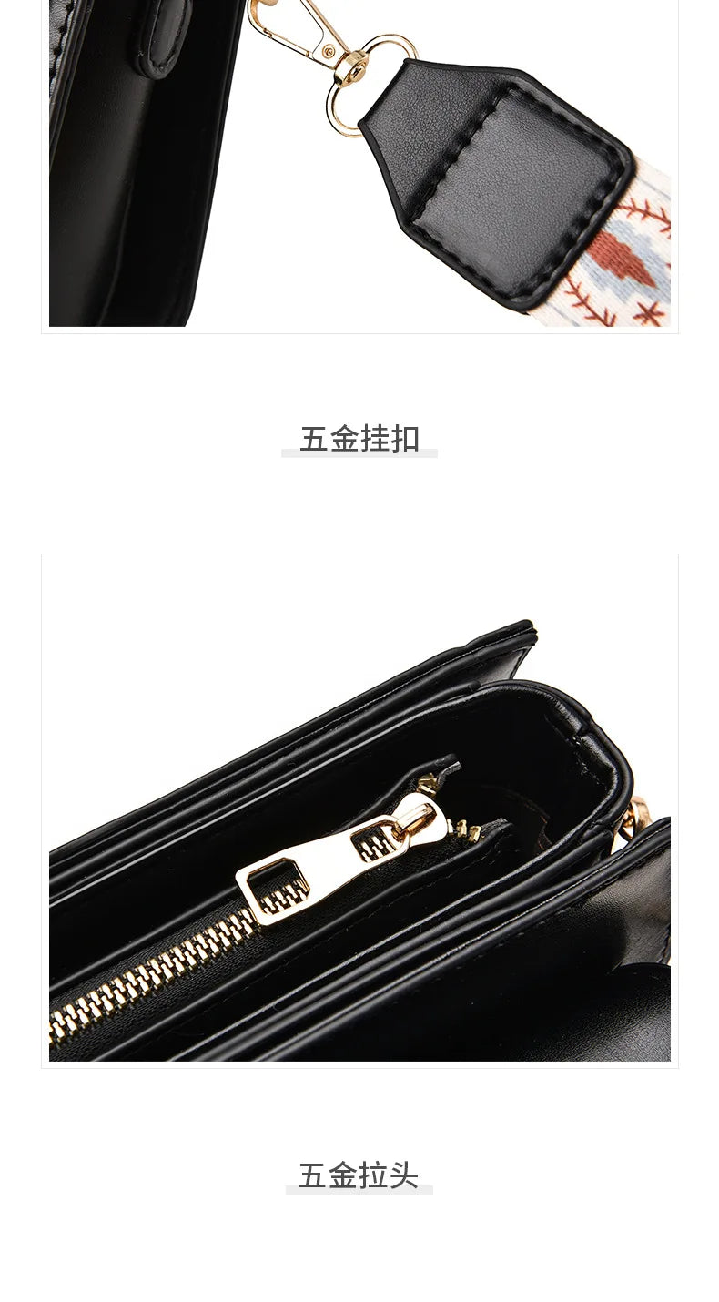 Black PU leather handbag details featuring a gold metal clasp, patterned fabric strap, and zipper.