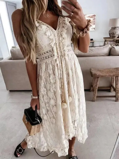 Women’s Ankle Length Lace Polyester Sleeveless Dress V Neck Beach Vacation