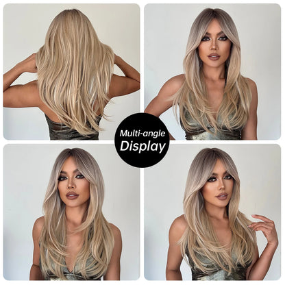 ALAN EATON Long Blonde Wigs for Women Synthetic Hair Wig with Fringe Ombre Color with Dark Roots Layered Wigs Heat Resistant