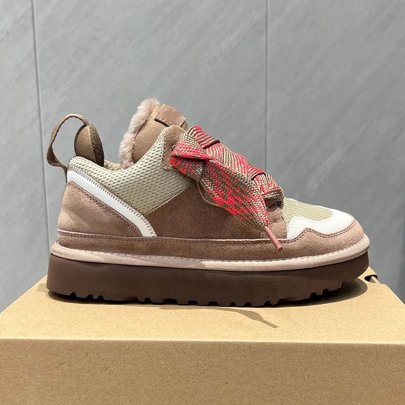 Beige and brown suede platform boots with red patterned laces and fuzzy lining for cushioned all-day comfort.