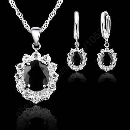 Bridal jewelry set necklace and earrings with oval gemstone pendant in sterling silver