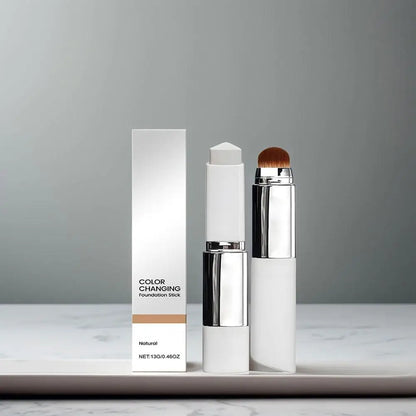 Foundation stick with a built-in blending brush and matching packaging box