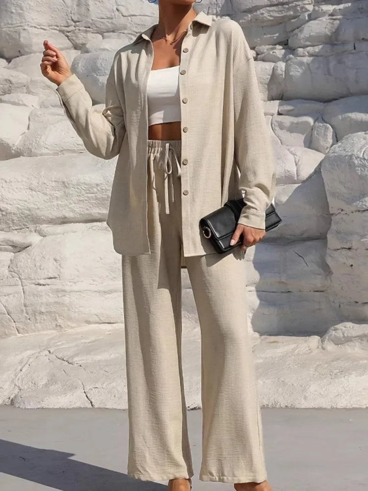 Fashion Solid Set For Women Casual Long Sleeve Turn-down Collar Shirt Tops+High Waist Wide Leg Pants 2 Pieces Sets Lady Clothes