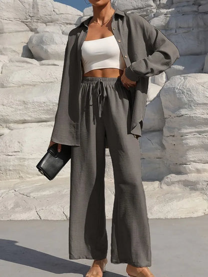 Fashion Solid Set For Women Casual Long Sleeve Turn-down Collar Shirt Tops+High Waist Wide Leg Pants 2 Pieces Sets Lady Clothes