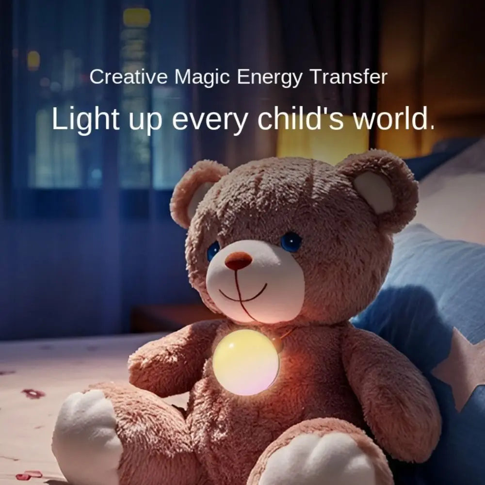 Brown plush teddy bear with a glowing round light on its chest, plastic learning robot toy for interactive child play.
