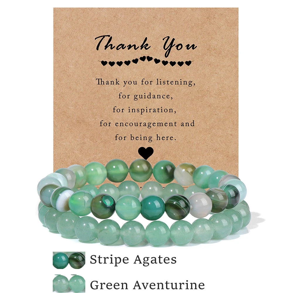 Beachwear Style Bracelet Set for Couples with Natural Amethyst Cat Eye Beads and Gift Card