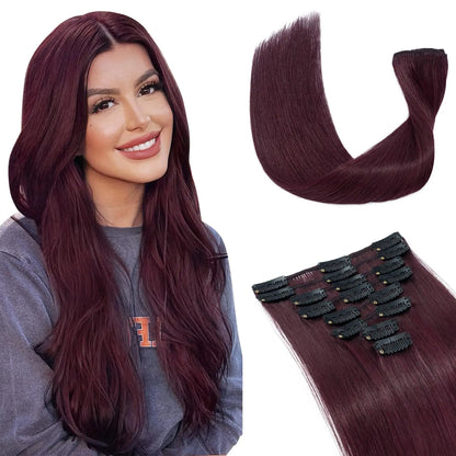 Clip In Hair Extensions 7 Pieces Human Hair 22inch #99J Burgundy Red For Bold & Vibrant Style