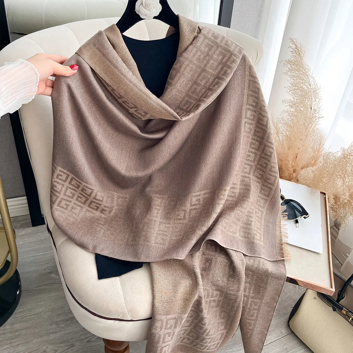 Sun-Protective Hijab Scarf with Golden Thread Accents for Styling