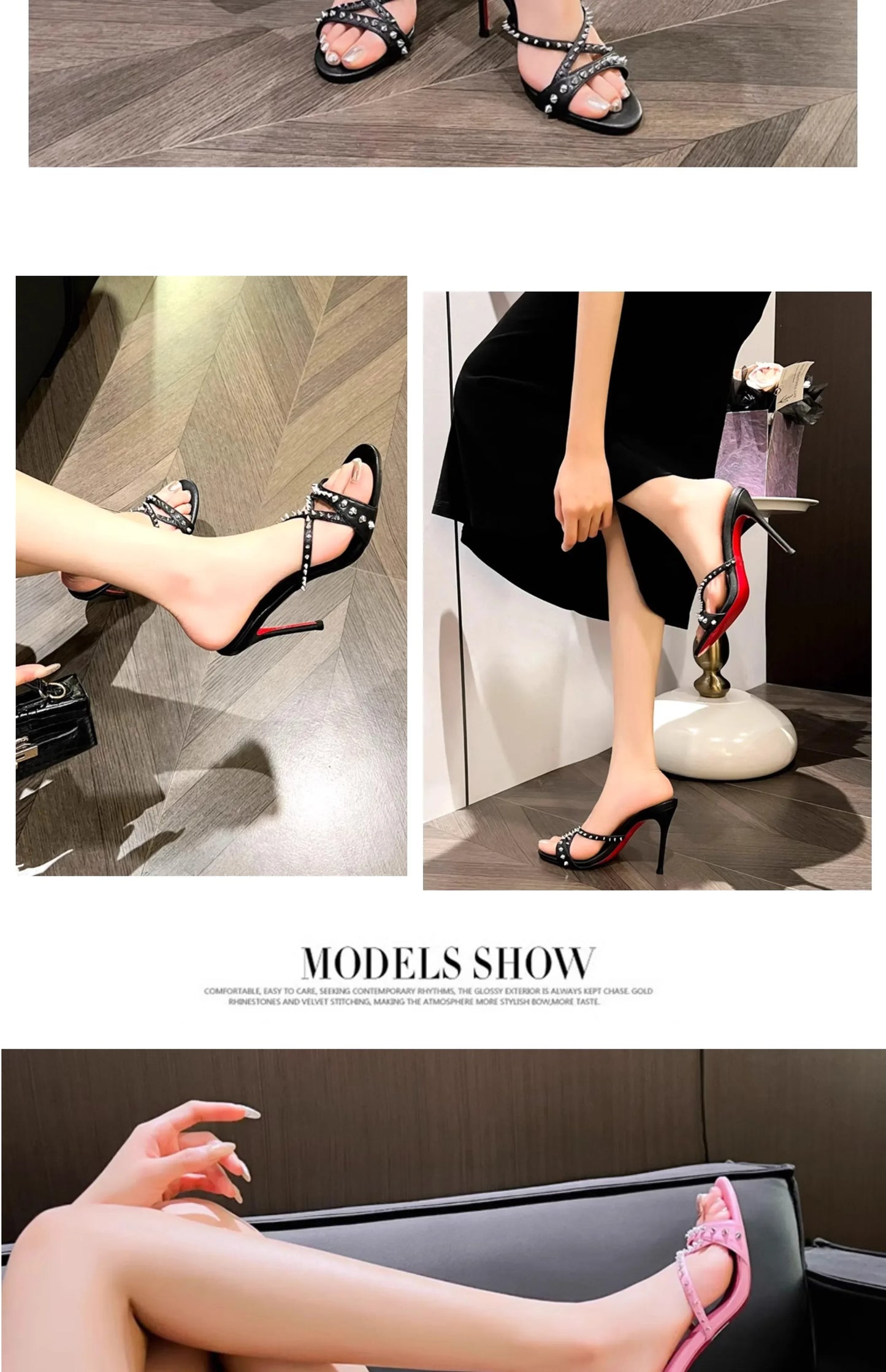 Pink open toe strappy sandals featuring metallic rivet details and slim heels for formal evening wear.