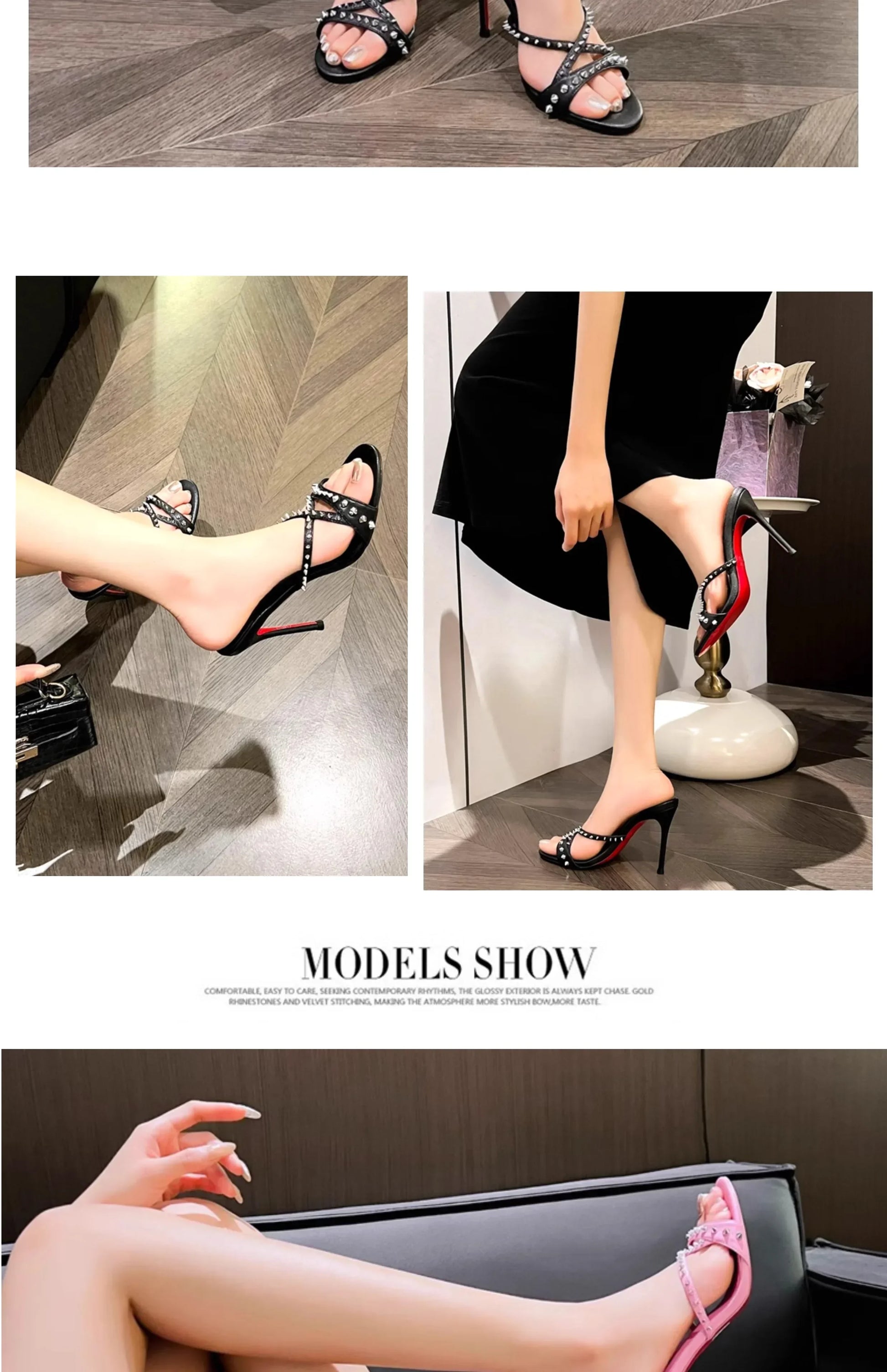 Pink open toe strappy sandals featuring metallic rivet details and slim heels for formal evening wear.