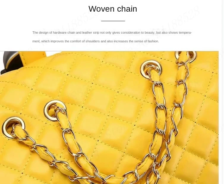 Yellow quilted PU leather travel bag with gold chain straps and metal grommets.