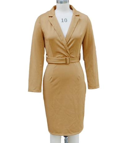 Elegant Deep V-Neck Suit Dress - Long Sleeve High Waist Office Dress with Sashes