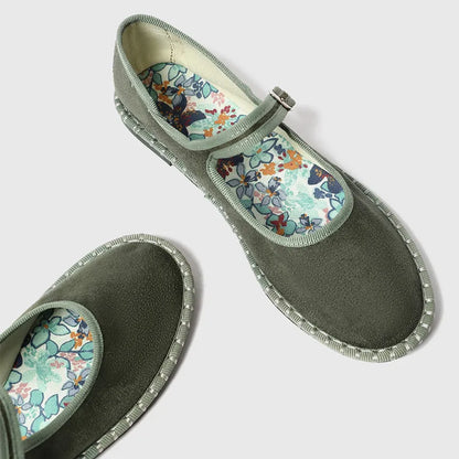 Women's floral-lined Mary Jane flats with buckle strap