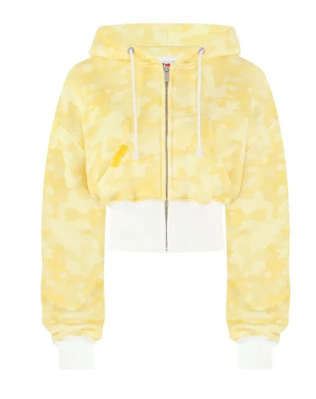 Yellow and white tie-dye cropped zip-up hoodie with ribbed hem for casual athletic wear.