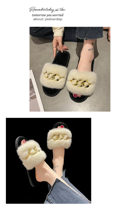 Plush Slippers for Women with Chain Detail and Cushioned Sole