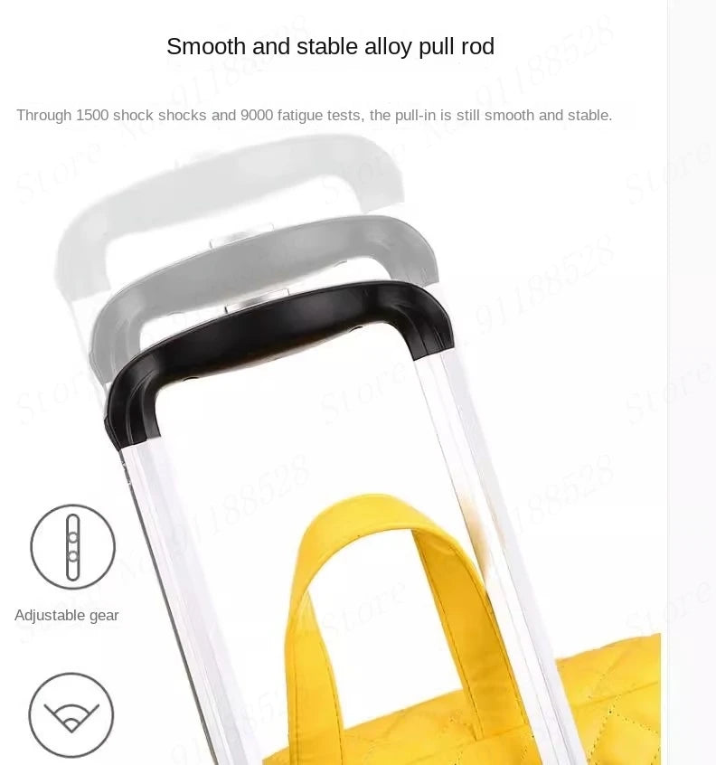 Retractable metal pull rod and yellow PU handbag handle with adjustable gear settings.